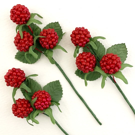 3 Red Raspberry and Leaf Picks ~ 4-1/2" Long